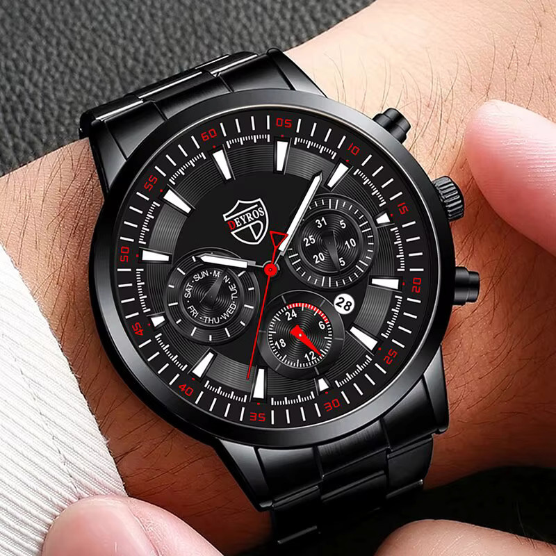 DEYROS Armbanduhr Edelstahl, Quarz, Leder, Schwarz, Herren - Bild 2