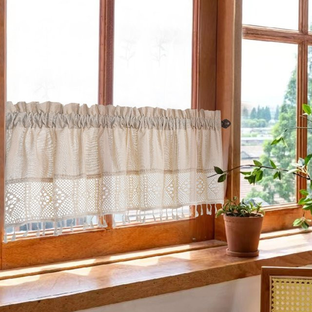 Kesoto Boho Volantvorhänge Vintage im Scheunentor-Stil, Beige, Transparent, mit Stangentasche - Bild 1