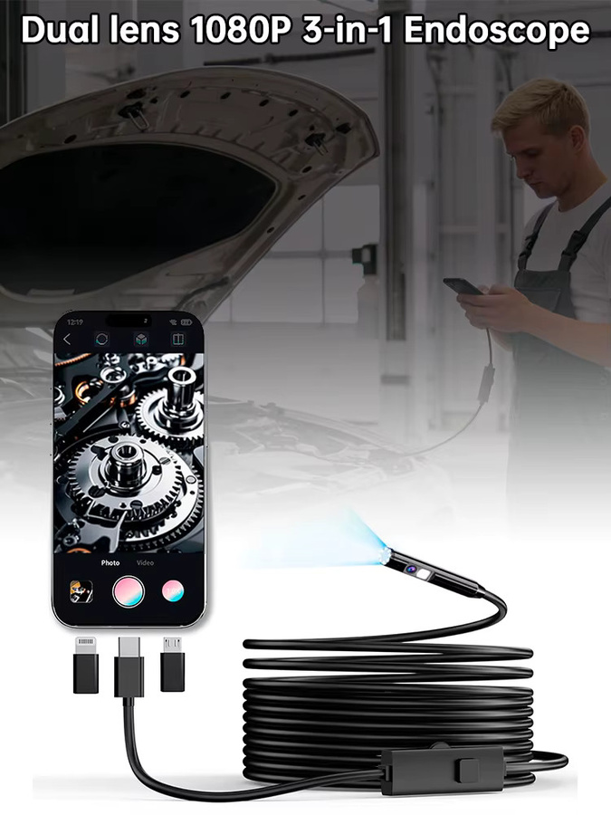 KERUI 2MP Mini-Inspektionskamera Endoskop für Autos und Rohrleitungen, Wasserdicht, Dual-Anschluss für USB-C und iPhone iOS, Schwarz - Bild 8