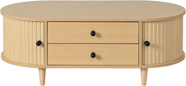 Merax Couchtisch Rund in Beige mit Rollen und Aufbewahrung im skandinavischen Design, B/T/H: 100 x 50 x 36 cm - Bild 1