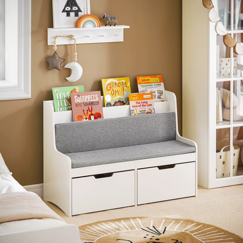 SoBuy KMB66-W Kinder Sitzbank mit Bücherregal und Spielzeugtruhe in Weiß mit Sitzkissen und Rollen, B/T/H: 100 x 70 x 45 cm - Bild 4
