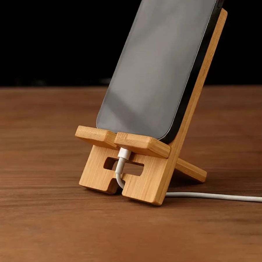 Multifunktionale Desktop-Handyhalterung aus Bambus in Braun als praktischer Smartphone-Ladeständer und kreativer Lazy Stand - Bild 2
