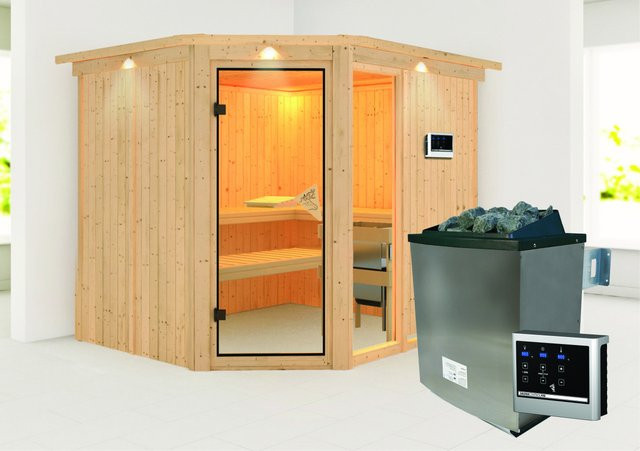 Karibu Sauna Freyja 3 in Natur mit Edelstahlofen, externem Steuergerät und Dachkran, Farbe: beige - Bild 1