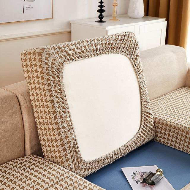 Yiran Furniture Abnehmbarer Plüsch-Stretch-Sofa-Sitzkissenbezug in Beige für Ecksofas - Bild 1