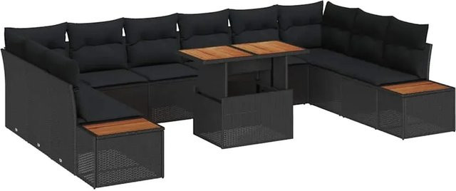 vidaXL Garten-Sofa-Set aus Poly Rattan mit Speicherfunktion, 11-teilig, Schwarz - Bild 1