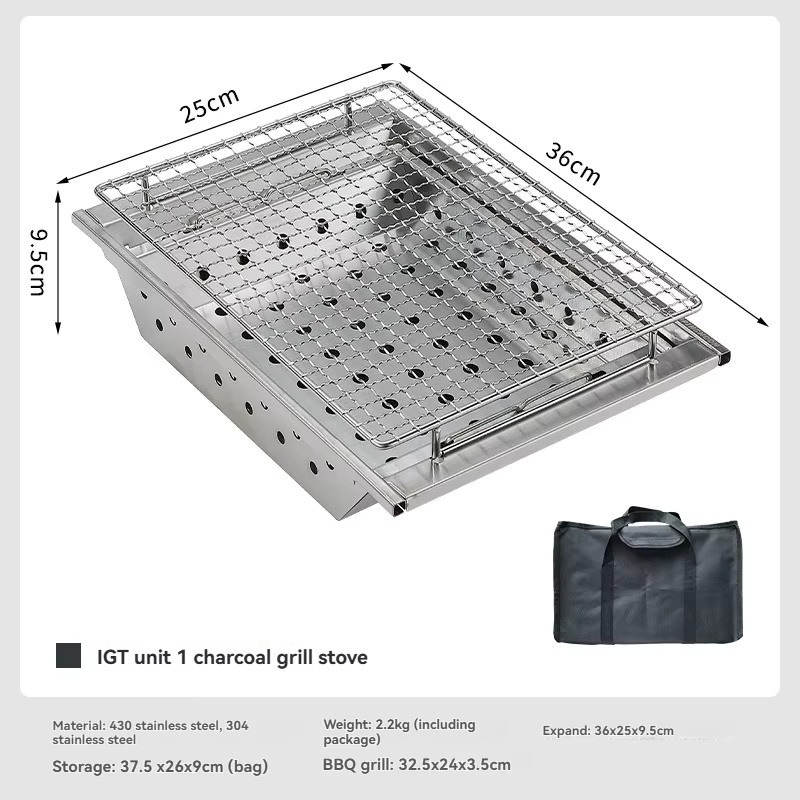 CAMPINGMOON UG-1 IGT Carbon-Grill windgeschützter Barbecue-Ofen aus Edelstahl und Holz, B/T/H: 36,0 x 36,0 x 9,5 cm - Bild 2