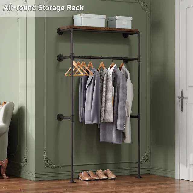WOLTU Kleiderschrank zur Wandmontage im Industrial Design mit Kleiderstange aus Metall und MDF-Hängeregal, Schwarz - Bild 1