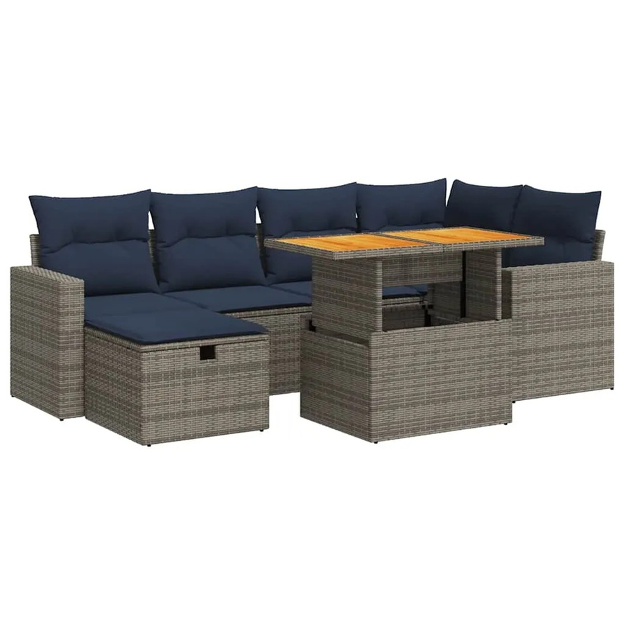 vidaXL 7-teilige Garten-Sofagarnitur aus Poly-Rattan und Akazienholz in Schwarz und Grau mit Kissen - Bild 2