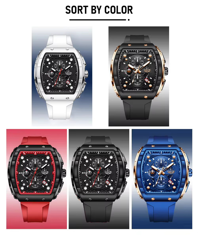 LIGE Armbanduhr Quarz, Silikon, Schwarz, Herren, Eckig, Leuchtzeiger - Bild 4