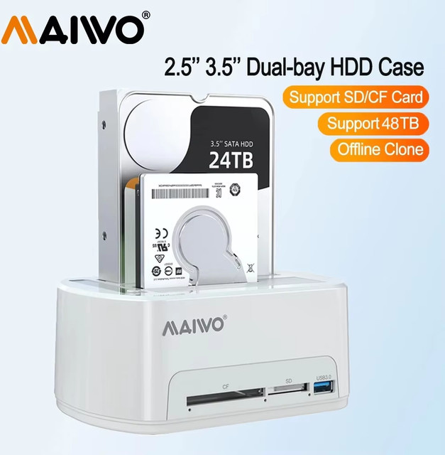 MAIWO Dual-Bay HDD SSD Dockingstation mit Offline-Klonfunktion, USB 3.0, für 2,5 und 3,5 Zoll Festplatten, Farbe: Weiß - Bild 1