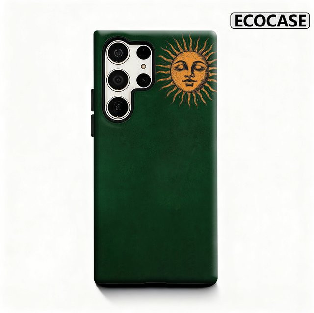 Glänzende doppellagige Handyhülle mit Sun Totem Design in Grün für Samsung Galaxy S25 Ultra, S24 und S23 Ultra Plus - Bild 1