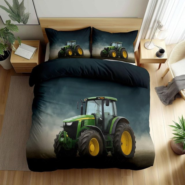 Wendbares Bettbezug-Set mit Bauernhof-Traktor-Motiv in Grün, atmungsaktive Mikrofaser-Steppdecke für Kinder und Erwachsene, B/H: 90 x 200 cm - Bild 1