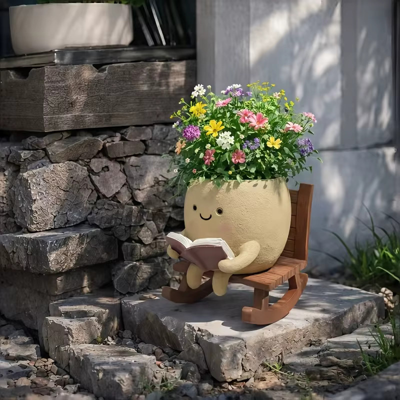 Niedlicher Lächelnder Lesender Harz-Blumentopf in Beige und Braun als 3-in-1 Sukkulenten-Pflanzgefäß und Stifthalter mit Drainageloch - Bild 4