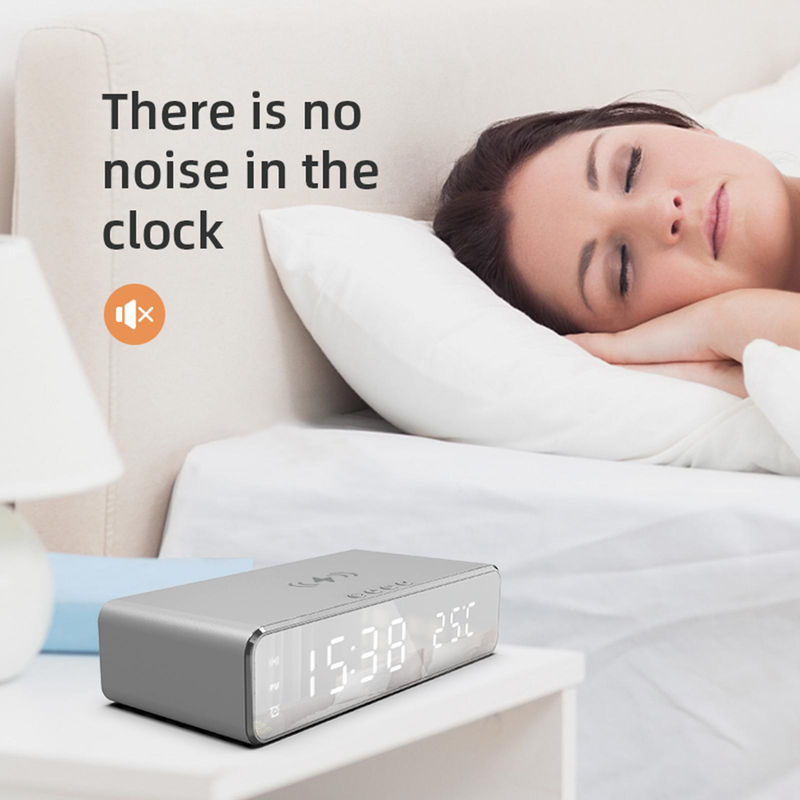 Tooarts Digitaler Wecker mit kabelloser Aufladung und Temperaturanzeige, minimalistisches Design aus Metall in Schwarz und Silber - Bild 2