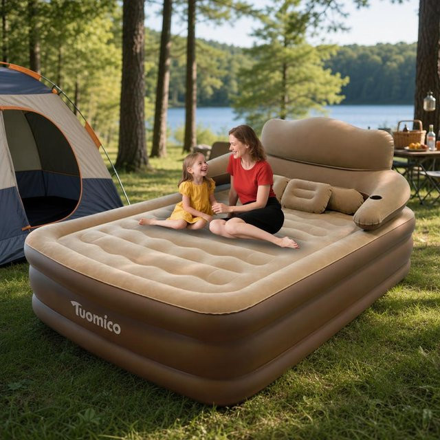 Tragbares Luftkissenbett mit Kopfteil in Beige, aufblasbare Matratze für Camping und Zuhause, B/T: 150 x 200 cm - Bild 1