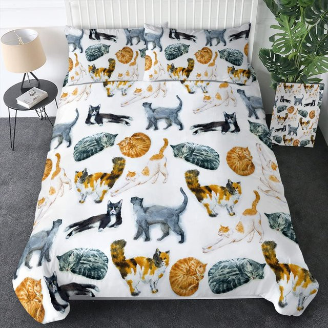 Katzen Bettwäsche Set mit Cartoon Motiv in Grau und Weiß, Mikrofaser Bettbezug Set für Erwachsene, B/H: 140 x 210 cm - Bild 1