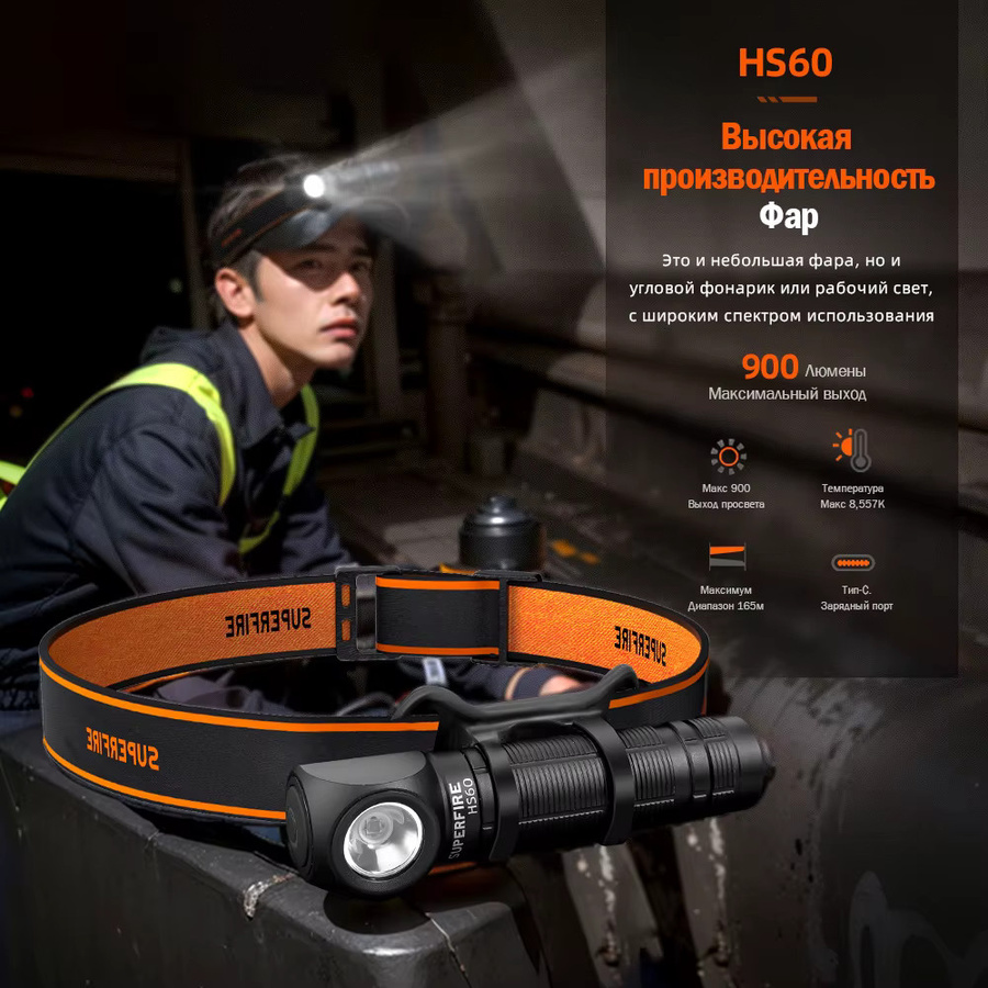 SUPERFIRE HS60 LED-Stirnlampe, wiederaufladbare Kopflampe mit 90 Grad Neigung, Magnet und Rücklicht, Schwarz - Bild 2