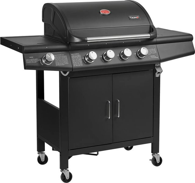 Taino Red 4+1 Gasgrill Grillwagen in Schwarz und Rot mit Edelstahl-Brennern, Seitenbrenner, Warmhalterist und Thermometer - Bild 1