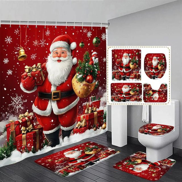 Weihnachts Duschvorhang und Teppich Set mit Schneemann und Weihnachtsmann in Rot, Breite: 150 cm, Höhe: 180 cm - Bild 1