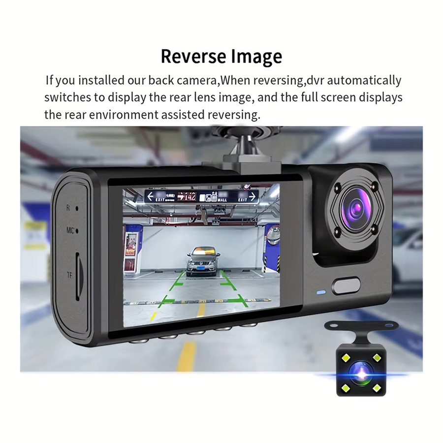 Baideluo 3-Kamera Dashcam mit 1080P Full HD, IR-Nachtsicht, Loop-Aufzeichnung und 2 Zoll IPS-Bildschirm in Schwarz - Bild 6