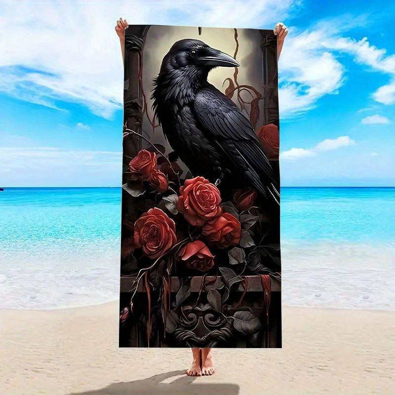 Personalisiertes Strandtuch mit Raben und roten Rosen von JMG Household Supplies, schnell trocknendes Mikrofaser-Badetuch im Gothic-Design, Farbe: Rot/Mehrfarbig, Breite: 50 cm, Höhe: 100 cm - Bild 3