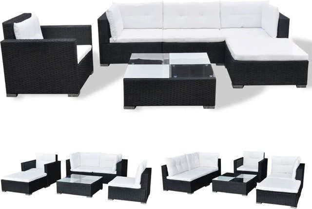 vidaXL 6-tlg Garten-Lounge-Set L-Form aus Poly Rattan und Stahl in Schwarz mit wetterfesten Auflagen - Bild 1
