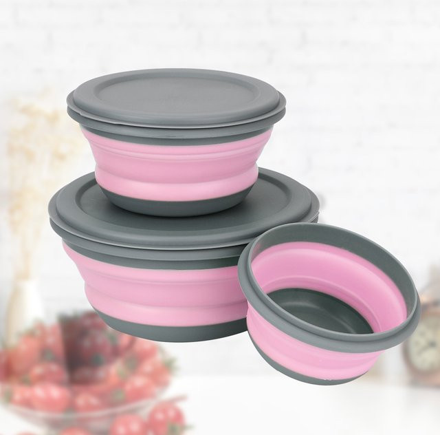 Tragbares und zusammenklappbares Silikon Geschirr-Set mit Deckel, 3er Set Lunchbox und Schüsseln für Salat, erhältlich in Grün und Pink - Bild 1