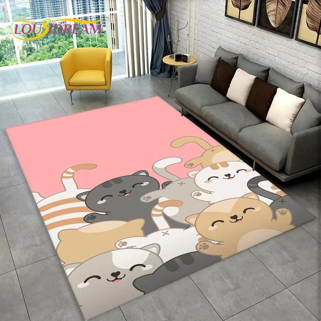 HGHT Katzen-Cartoon-Teppich für Kinderzimmer und Wohnzimmer, rutschfest und waschbar, Mehrfarbig, B x L: 100 x 120 cm - Bild 1
