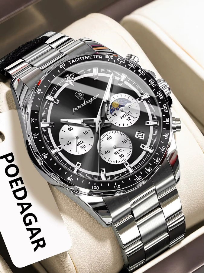 POEDAGAR Armbanduhr Chronograph, Quarz, Edelstahl, Schwarz, Herren - Bild 7