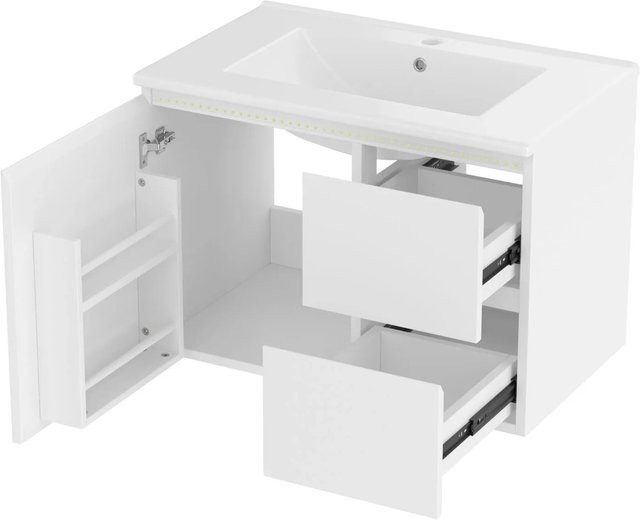 PXloue Badmöbel Set Weiß: Wandhängender Waschtisch mit Keramik-Waschbecken, Unterschrank und Spiegelschrank mit LED-Sensorlicht - Bild 1