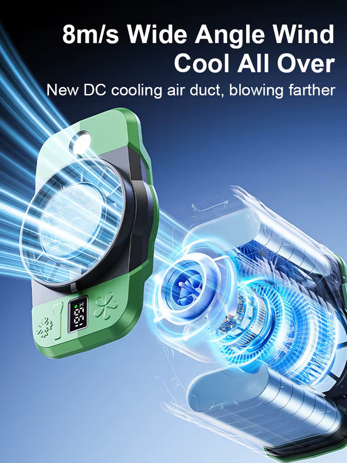 Socool Taillenclip-Ventilator mit 8000 mAh Akku, 199 Windgeschwindigkeiten, Digitalanzeige und LED-Beleuchtung, Grau oder Grün - Bild 4