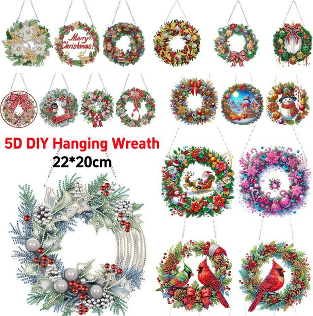 Alloet Diamantmalerei Wanddekoration Weihnachts-Kranz in Multicolour mit floralem Design aus Acryl - Bild 1