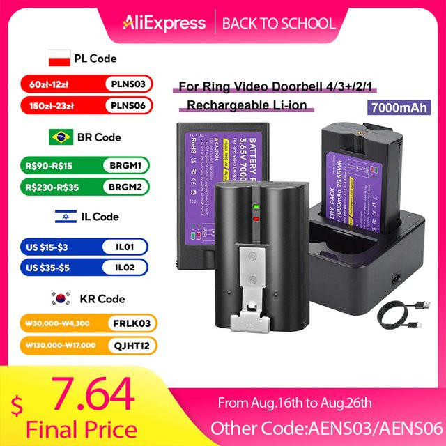 PALO Li-Ionen-Akku 7000 mAh mit Schnellladegerät für Ring Video Doorbell 4 3 Plus 3 und Spotlight Cam Solar, Schwarz - Bild 1