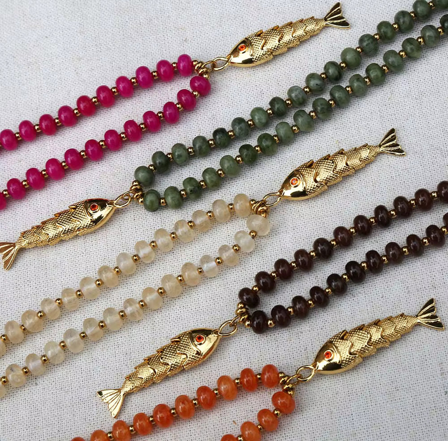 TRHRT Halskette, Fisch-Anhänger, Naturstein, Gold, Edelstahl, Unisex - Bild 5