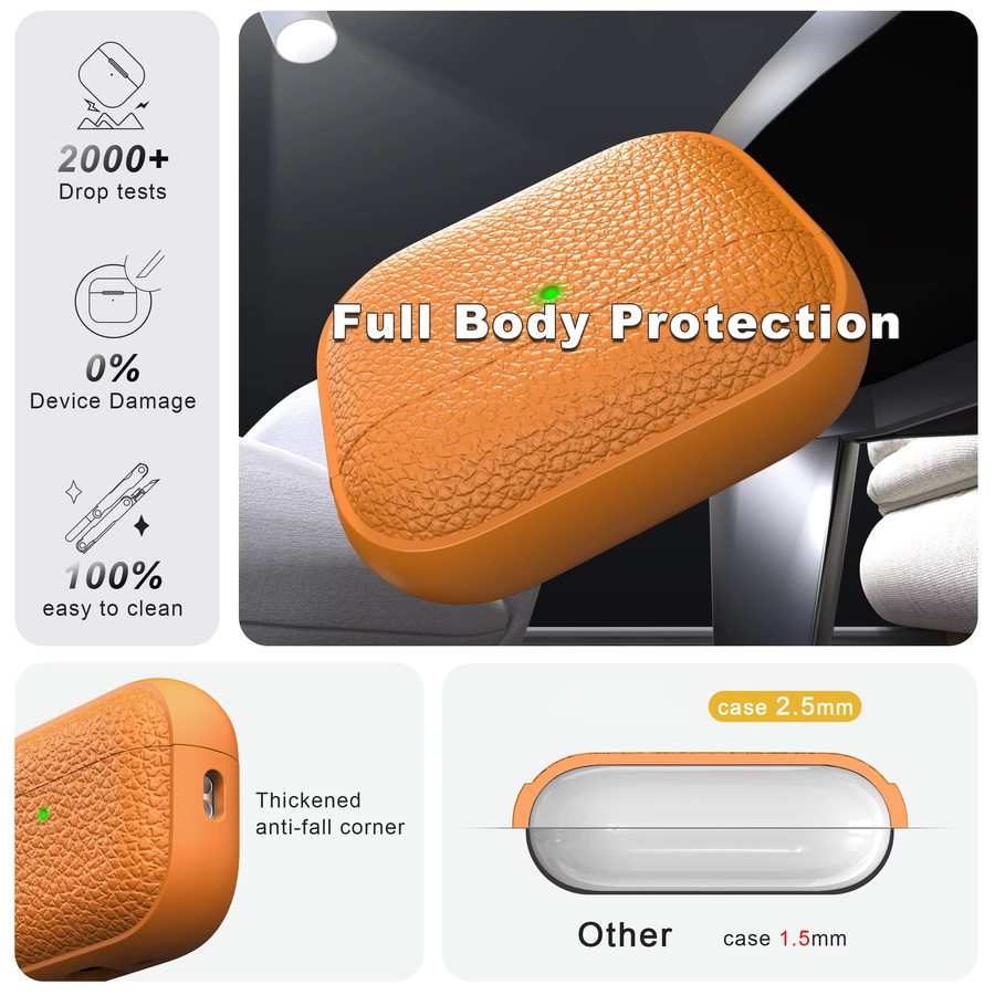 Schutzhülle für Apple AirPods Pro 3/Pro 2/4 aus weichem TPU im Lederdesign in Orange inklusive Schlüsselanhänger und Reinigungsset - Bild 3