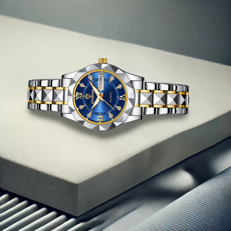 Elegante Quarzuhr für Damen in Gold und Blau mit Datumsanzeige und Nachtlicht aus Metall - Bild 5