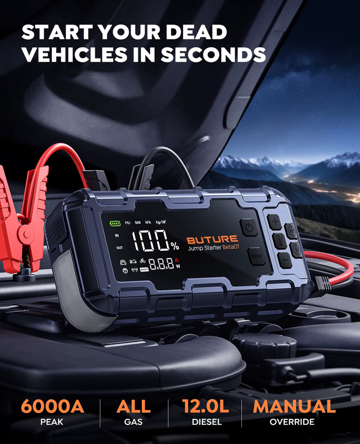 BUTURE 6000A Auto-Starthilfe Powerbank mit 45W PD-Schnellladefunktion, 26800mAh Kapazität und 160PSI Luftpumpe als Notfall-Booster und Startgerät - Bild 2