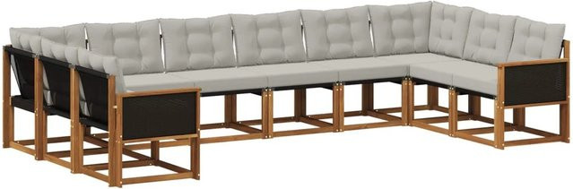 vidaXL Outdoor-Sofagarnitur aus Massivholz Akazie mit 10 Kissen in Grau und Natur, modern mit Textilene Stoff und Armlehnen - Bild 1