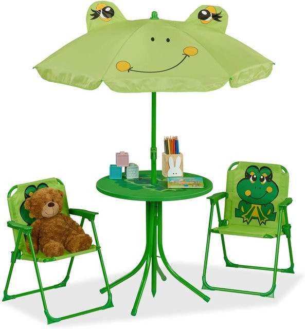 Relaxdays Kindersitzgruppe Frosch aus Eisen, Kunststoff und Polyester mit Schirm, B/T/H: 53 x 36 x 37,5 cm - Bild 1