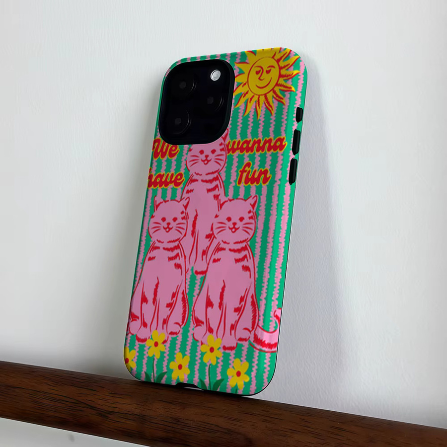 CaseLumi Matte Bumper MagSafe Hülle für iPhone 17 16 15 14 13 Pro Max Stoßfeste Harte PC Retro Design in Pink mit Katzen und Sonne - Bild 3
