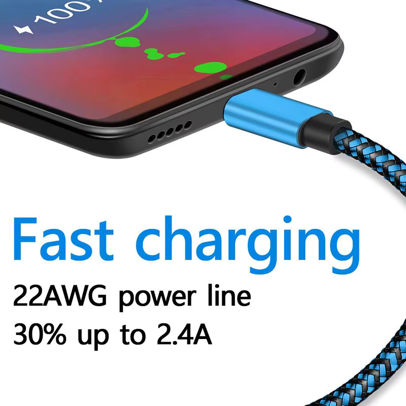 USB Typ C Kabel für Samsung und Android Handys, Nylon geflochtenes Schnellladekabel mit Daten-Sync, 2,4 A, Weiß und Blau - Bild 3