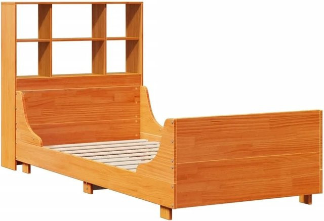vidaXL Massivholzbett aus Kiefernholz mit Kopfteil und Regal in Braun, B/T/H: 100 x 200 cm - Bild 1