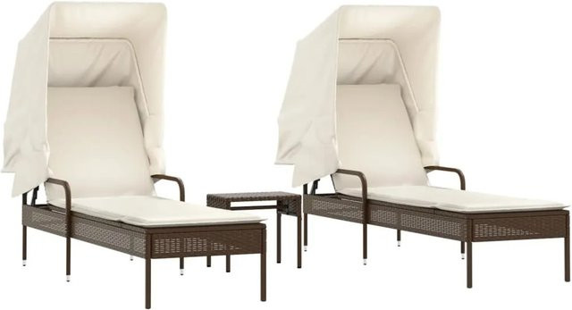 vidaXL Sonnenliegen Set aus 2 Stück in Braun aus Poly Rattan mit Sonnendach und Beistelltisch - Bild 1
