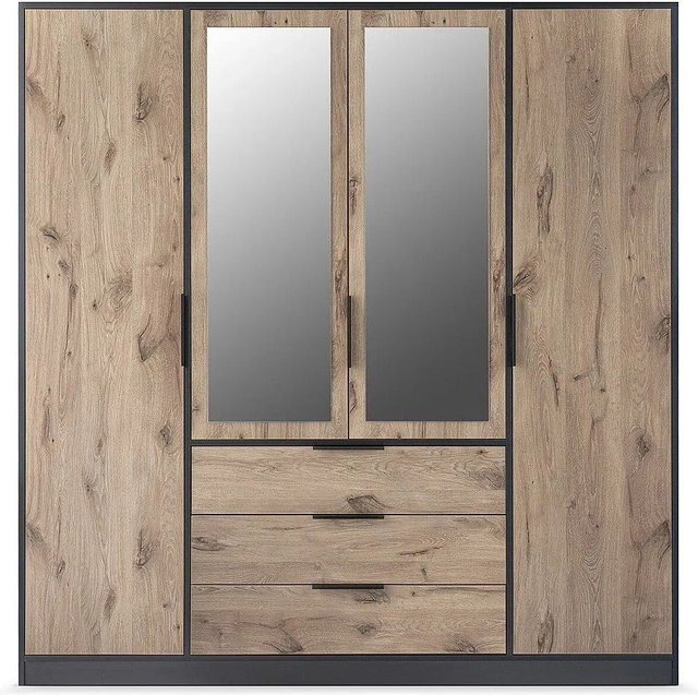 Vente-unique Kleiderschrank Lamiki in Schwarz und Naturfarben Hell mit Spiegeltüren und integrierten Schubladen, Höhe: 196 cm - Bild 1