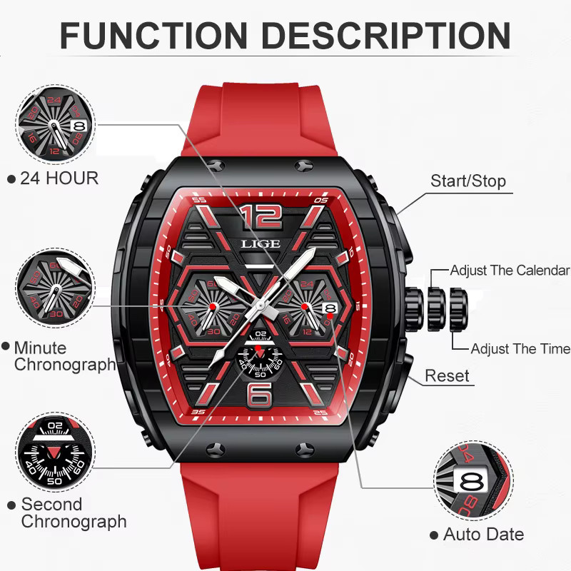 LIGE Armbanduhr Quarz, Silikon, black red, Herren - Bild 3