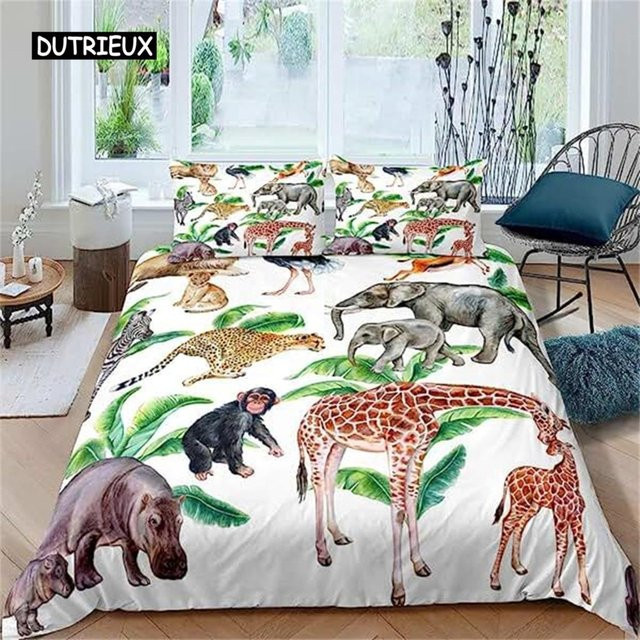 Bettwäscheset mit Affen-Motiv von Binchi Outdoor Product, Kinderbettwäsche mit Cartoon-Wald-Design, weiß, B/H: 245 x 210 cm - Bild 1