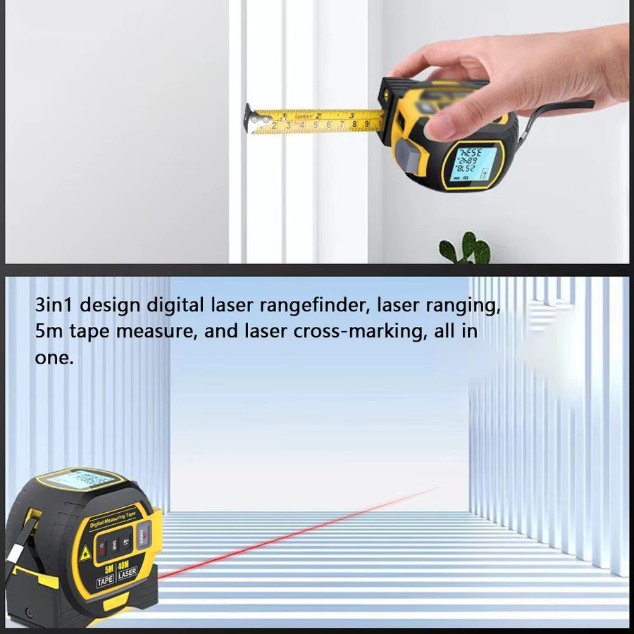 3 in 1 Laser-Entfernungsmesser mit 5m Edelstahl-Maßband und LCD-Digitalanzeige von meterk in Gelb - Bild 5