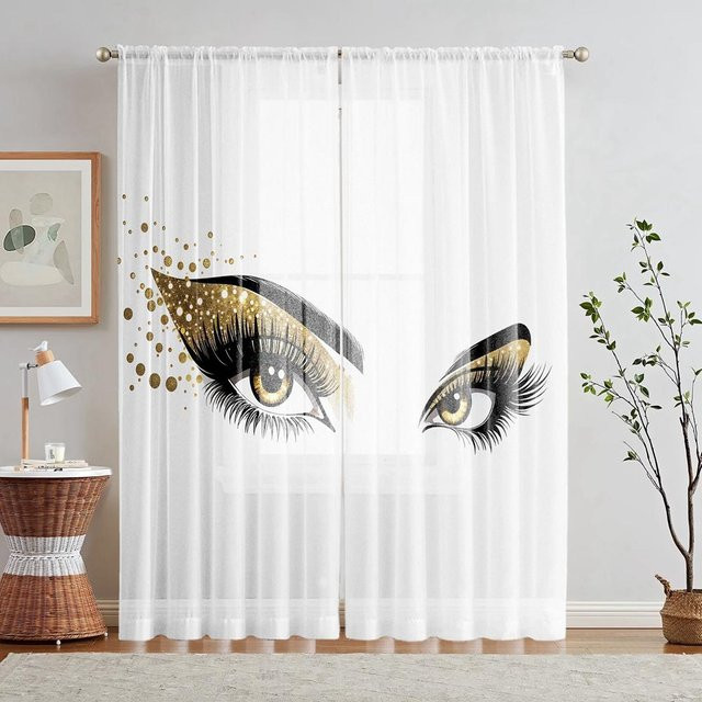 2er-Set dekorative Vorhänge mit Wimpern-Print in Weiß, halbtransparent, B: 132 cm, H: 160 cm - Bild 1