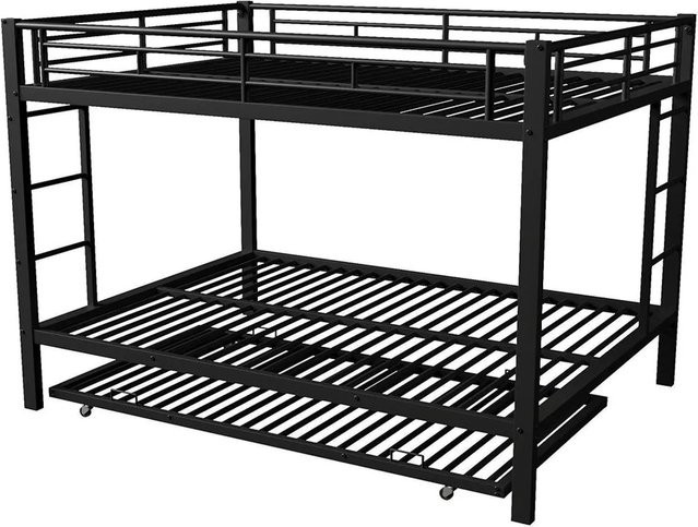 KOMHTOM Etagenbett für Kinder aus Metall mit Ausziehbett und hohem Schutzgitter, Schwarz, B/T/H: 140 x 200 x 160,5 cm - Bild 1