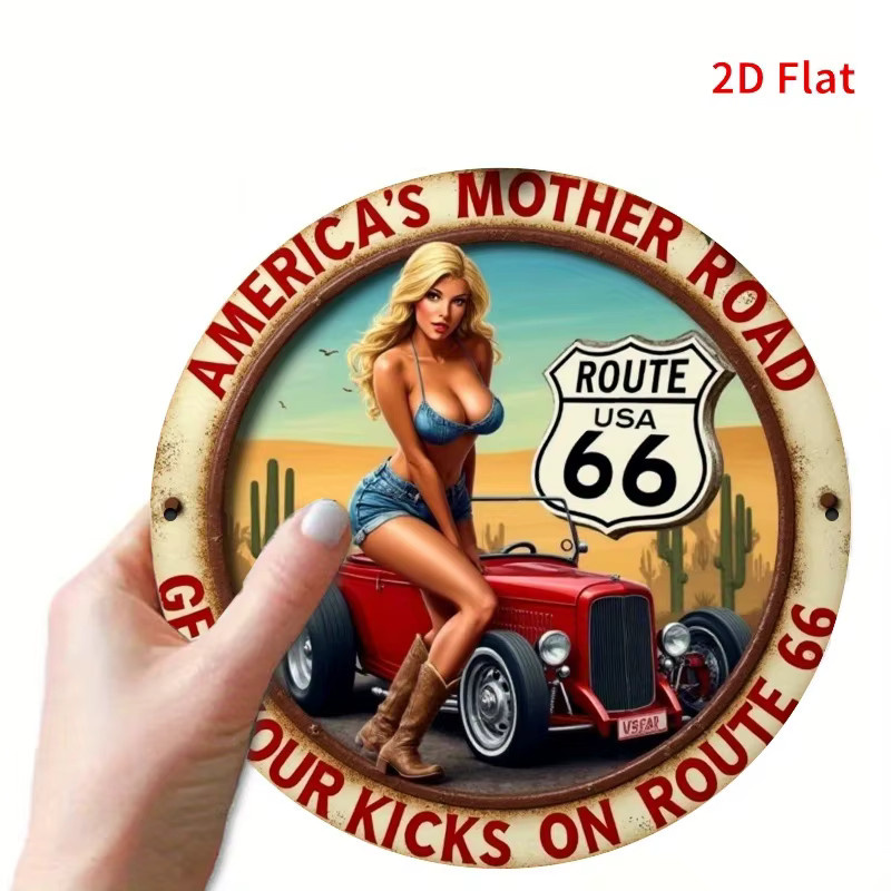 DDPNKL Route 66 Metallschild Retro-Dekoration mit rotem Auto und Pin-Up-Girl in Mehrfarbig, Rund, Durchmesser: 19,7 cm - Bild 4